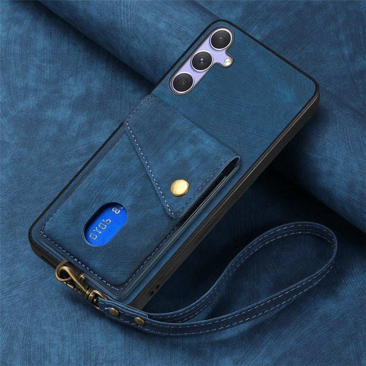 For Samsung Galaxy S25 5G Retro Card Wallet Fold Leather Phone Case with Strap(Blue) - Galaxy S25 5G Cases by PMC TechLife | Online Shopping South Africa | PMC TechLife | Buy Now Pay Later Mobicred