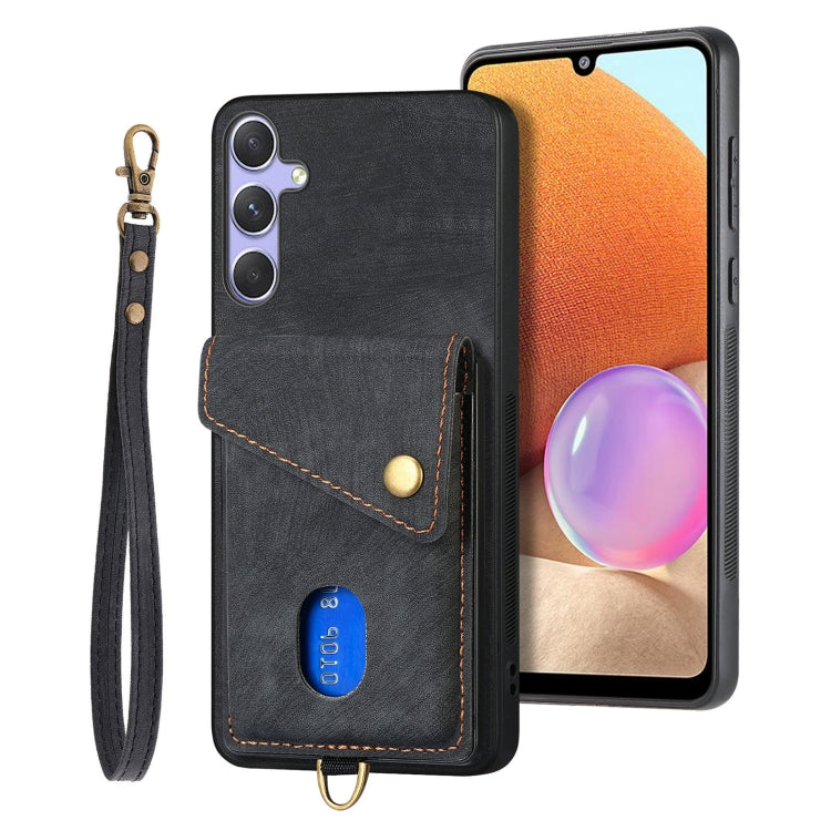 For Samsung Galaxy S25+ 5G Retro Card Wallet Fold Leather Phone Case with Strap(Black) - Galaxy S25+ 5G Cases by PMC TechLife | Online Shopping South Africa | PMC TechLife | Buy Now Pay Later Mobicred