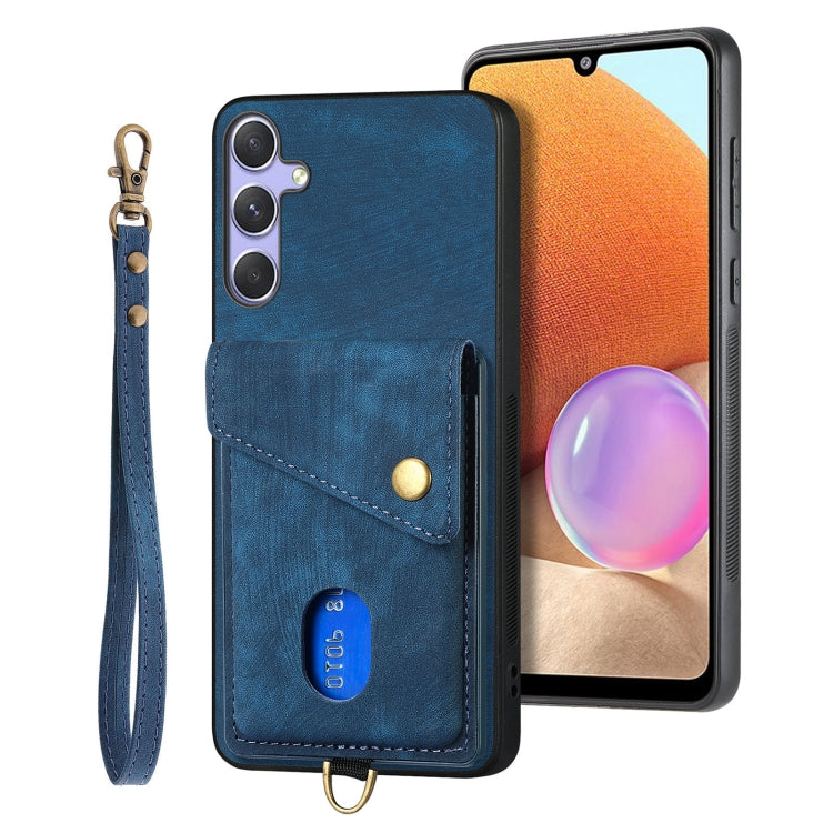 For Samsung Galaxy S25+ 5G Retro Card Wallet Fold Leather Phone Case with Strap(Blue) - Galaxy S25+ 5G Cases by PMC TechLife | Online Shopping South Africa | PMC TechLife | Buy Now Pay Later Mobicred
