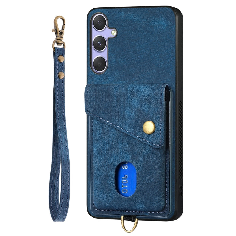 For Samsung Galaxy S25+ 5G Retro Card Wallet Fold Leather Phone Case with Strap(Blue) - Galaxy S25+ 5G Cases by PMC TechLife | Online Shopping South Africa | PMC TechLife | Buy Now Pay Later Mobicred
