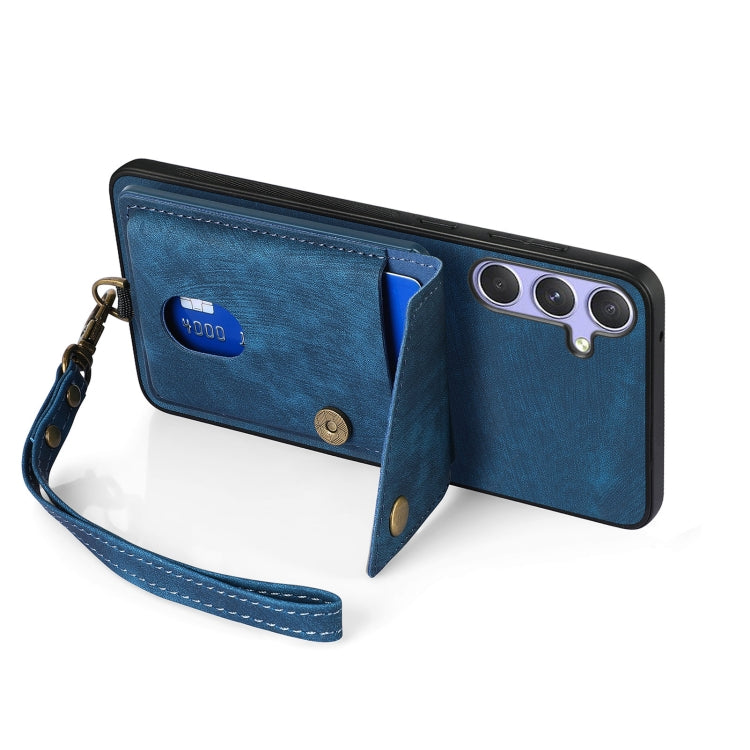 For Samsung Galaxy S25+ 5G Retro Card Wallet Fold Leather Phone Case with Strap(Blue) - Galaxy S25+ 5G Cases by PMC TechLife | Online Shopping South Africa | PMC TechLife | Buy Now Pay Later Mobicred