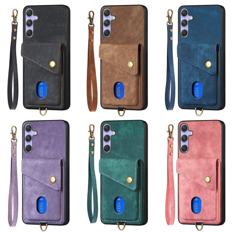 For Samsung Galaxy S25 5G Retro Card Wallet Fold Leather Phone Case with Strap(Pink) - Galaxy S25 5G Cases by PMC TechLife | Online Shopping South Africa | PMC TechLife | Buy Now Pay Later Mobicred