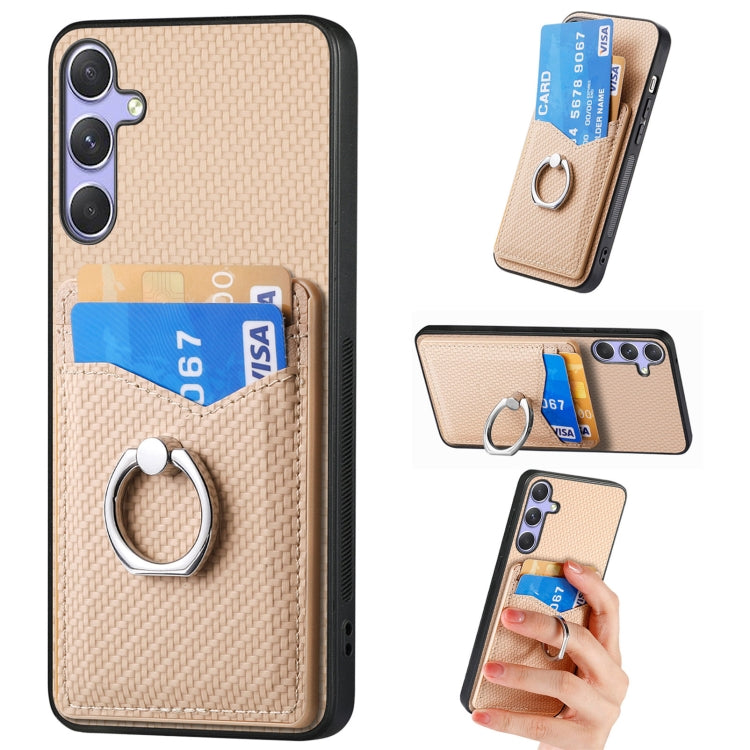 For Samsung Galaxy S25 5G Carbon Fiber Card Wallet Ring Phone Case(Khaki) - Galaxy S25 5G Cases by PMC Jewellery | Online Shopping South Africa | PMC Jewellery | Buy Now Pay Later Mobicred