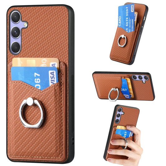 For Samsung Galaxy S25 Ultra 5G Carbon Fiber Card Wallet Ring Phone Case(Brown) - Galaxy S25 Ultra 5G Cases by PMC Jewellery | Online Shopping South Africa | PMC Jewellery | Buy Now Pay Later Mobicred