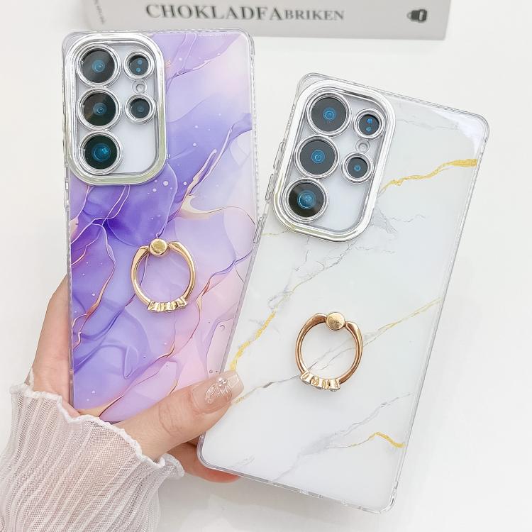 For Samsung Galaxy S25 Ultra 5G Electroplated Marble Texture Ring Holder Phone Case(Blue Green S9) - Galaxy S25 Ultra 5G Cases by PMC Jewellery | Online Shopping South Africa | PMC Jewellery | Buy Now Pay Later Mobicred