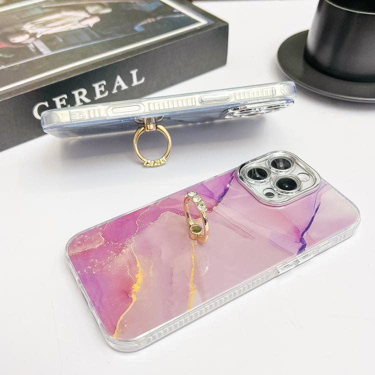 For iPhone 16e Electroplated Marble Texture Ring Holder Phone Case(Pink Purple S4) - iPhone 16e Cases by PMC TechLife | Online Shopping South Africa | PMC TechLife | Buy Now Pay Later Mobicred