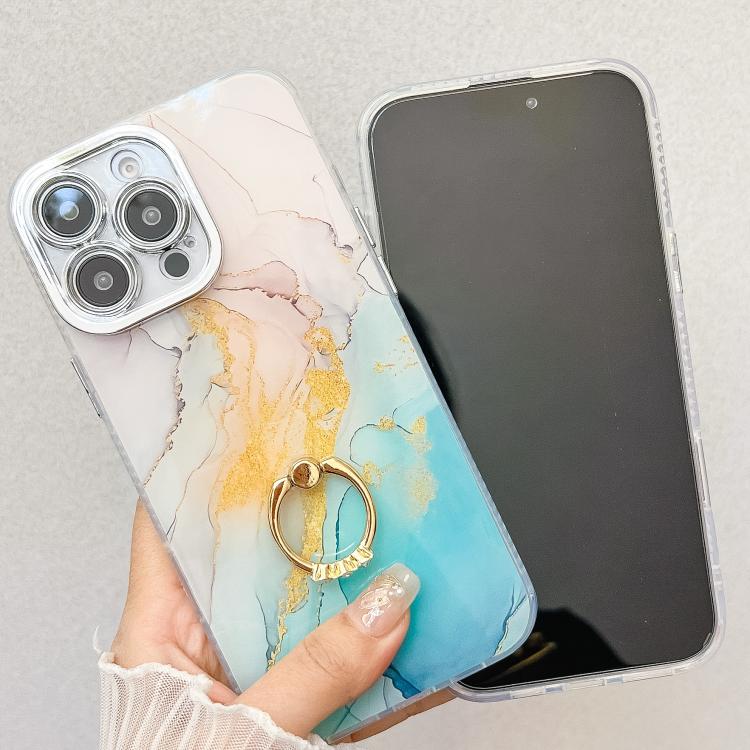 For iPhone 16e Electroplated Marble Texture Ring Holder Phone Case(Dark Blue S16) - iPhone 16e Cases by PMC TechLife | Online Shopping South Africa | PMC TechLife | Buy Now Pay Later Mobicred
