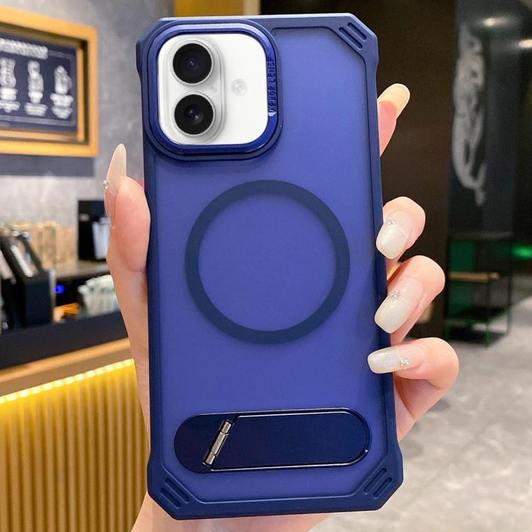 For iPhone 16 Plus Skin Feel Frameless MagSafe PC Phone Case with Fold Holder(Blue) - iPhone 16 Plus Cases by PMc TechLife | Online Shopping South Africa | PMc TechLife | Buy Now Pay Later Mobicred