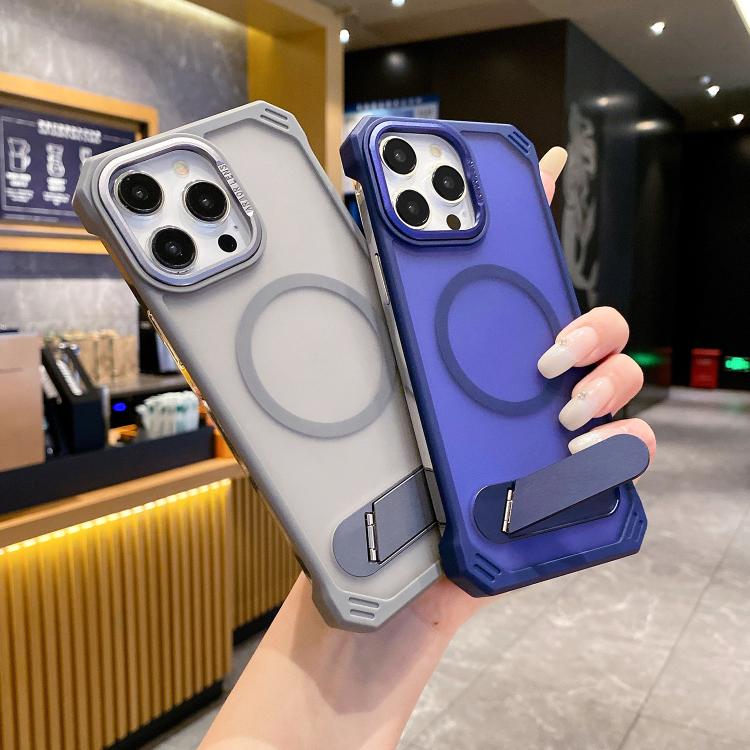 For iPhone 13 Skin Feel Frameless MagSafe PC Phone Case with Fold Holder(Blue) - iPhone 13 Cases by PMc TechLife | Online Shopping South Africa | PMc TechLife | Buy Now Pay Later Mobicred
