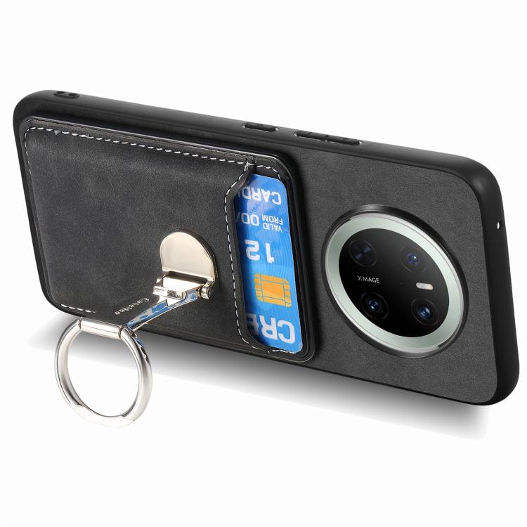 For Huawei Mate 70 Retro Folding Ring Holder Card Bag MagSafe Phone Case(Black) - Huawei Cases by PMC TechLife | Online Shopping South Africa | PMC TechLife | Buy Now Pay Later Mobicred