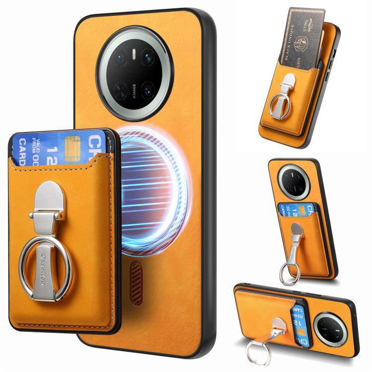 For Huawei Mate 70 Pro Retro Folding Ring Holder Card Bag MagSafe Phone Case(Yellow) - Huawei Cases by PMC TechLife | Online Shopping South Africa | PMC TechLife | Buy Now Pay Later Mobicred