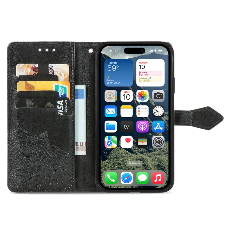 For iPhone 16e Mandala Flower Embossed Leather Phone Case(Black) - iPhone 16e Cases by PMC TechLife | Online Shopping South Africa | PMC TechLife | Buy Now Pay Later Mobicred
