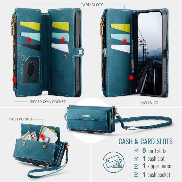 For iPhone 16e CaseMe C39 RFID Blocking Zipper Wallet Leather Phone Case with Crossbody Strap(Green) - free shipping - PMc TechLife - Order now!