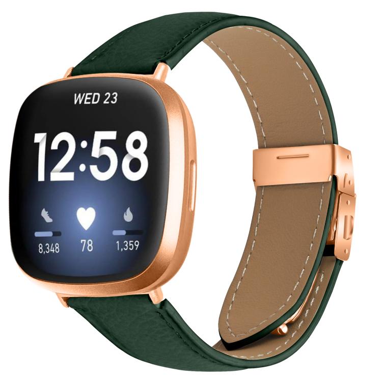 For Fitbit Versa 3 / 4 Lychee Texture Rose Gold Turtle Back Buckle Leather Watch Band(Green) - free shipping - PMC TechLife - Order now!