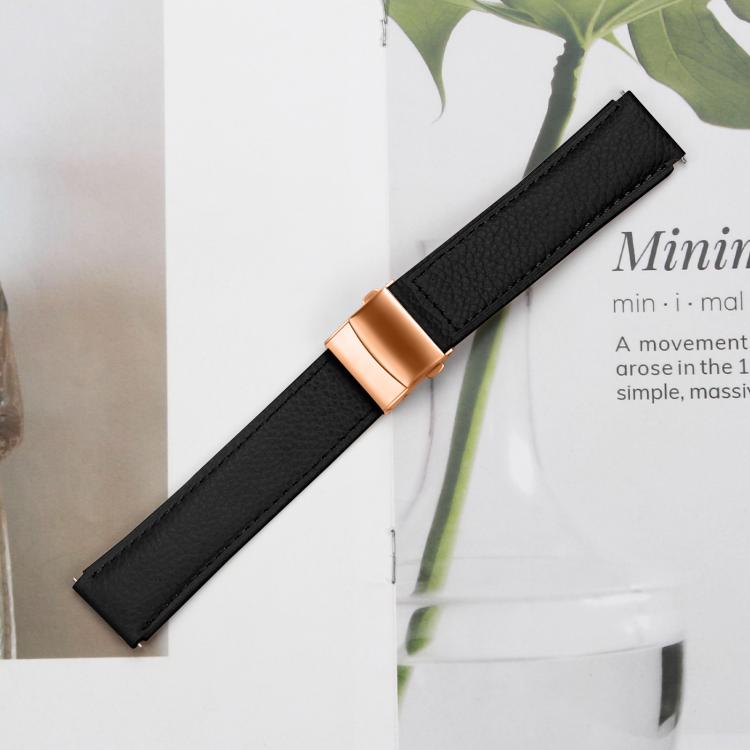 20mm Lychee Texture Rose Gold Turtle Back Buckle Leather Watch Band(Black) - free shipping - PMC TechLife - Order now!