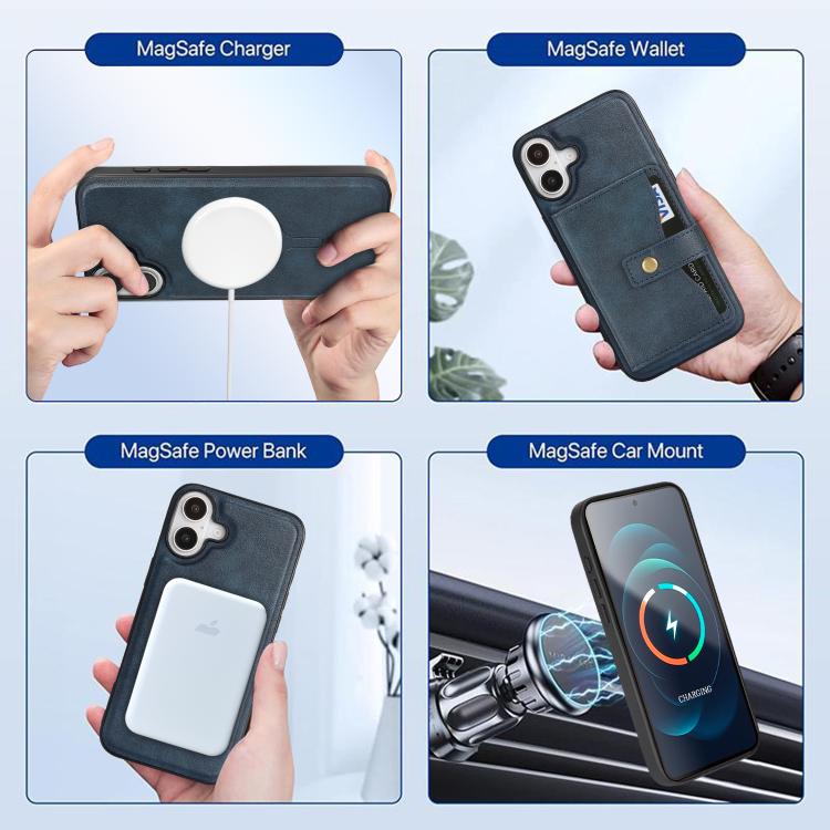 For iPhone 17 Kalebol Magnetic Button Card Bag MagSafe Ring Leather Phone Case(Blue) - iPhone 17 Cases by Kalebol | Online Shopping South Africa | PMC TechLife | Buy Now Pay Later Mobicred