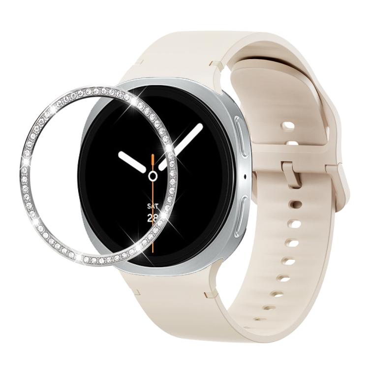 For Samsung Galaxy Watch8 44mm Diamond Bezel and Solid Color Stitched Silicone Watch Band(Starlight Silver) - free shipping - PMC TechLife - Order now!