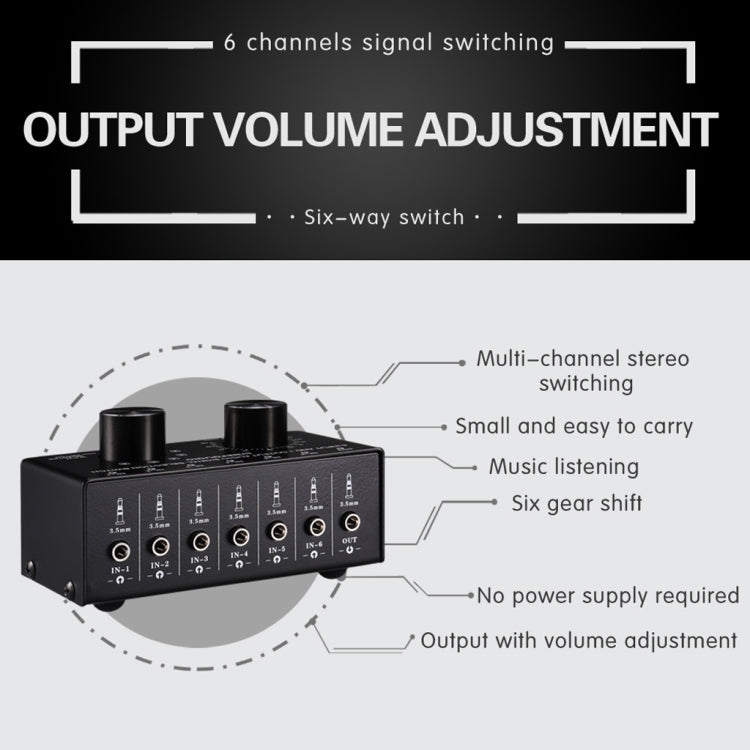 B017 6 Input 1 Output Audio Signal Selection Switcher Output Volume Adjustment Control 3.5mm Interface -  by PMC Jewellery | Online Shopping South Africa | PMC Jewellery | Buy Now Pay Later Mobicred