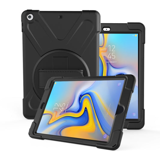 For Galaxy  Tab A 10.5 T590/T595 360 Degree Rotation PC + Silicone Protective Case with Holder & Hand-strap(Black) - Tab A 10.5 by PMC Jewellery | Online Shopping South Africa | PMC Jewellery