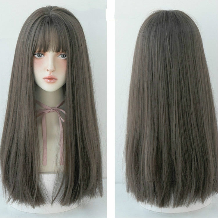Female Black Long Straight Wig With Air Bangs(Cold Brown (Solid Color) 58CM) - free shipping - PMC TechLife - Order now!