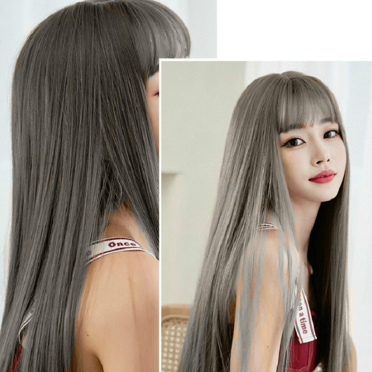 Female Black Long Straight Wig With Air Bangs(Cold Brown (Solid Color) 58CM) - free shipping - PMC TechLife - Order now!