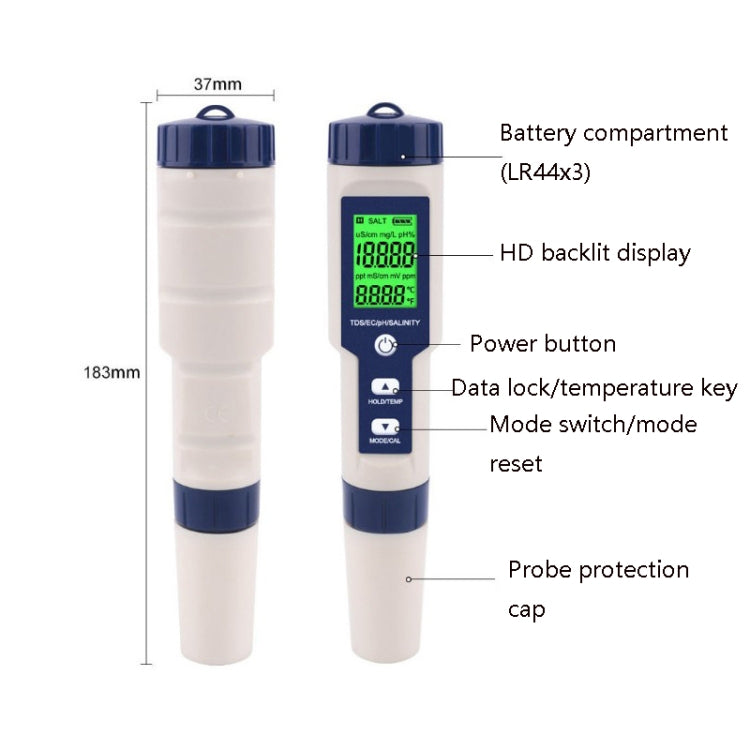 EZ-9909 PH/Salinity/Temperature/TDS/EC 5-in-1 Test Pen Multifunctional Water Quality Detector - free shipping - PMC Jewellery - Order now!