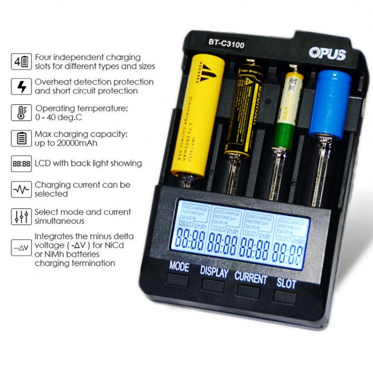 OPUS BT-C3100 Smart Smart Digital Intelligent 4-Slot Battery Charger(US Plug) - Charger & Converter by OPUS | Online Shopping South Africa | PMC Jewellery | Buy Now Pay Later Mobicred