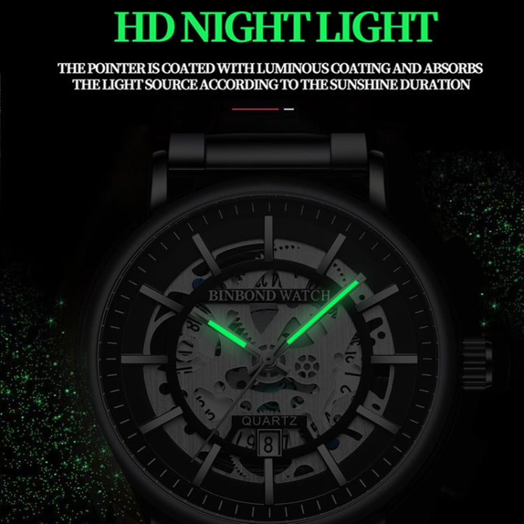 BINBOND B7872 Multifunctional Hollow Luminous Waterproof Quartz Watch, Color: Black Leather-Black-Black - free shipping - PMC TechLife - Order now!