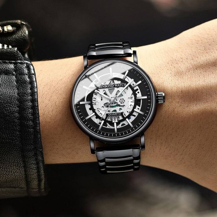 BINBOND B7872 Multifunctional Hollow Luminous Waterproof Quartz Watch, Color: Black Leather-White-Black - free shipping - PMC TechLife - Order now!