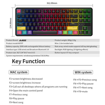 Ajazz K870T 87-Key Hot Swap Bluetooth/Wired Dual Mode RGB Backlight Office Game Mechanical Keyboard Red Shaft (White) - Wireless Keyboard by Ajazz | Online Shopping South Africa | PMC Jewellery | Buy Now Pay Later Mobicred