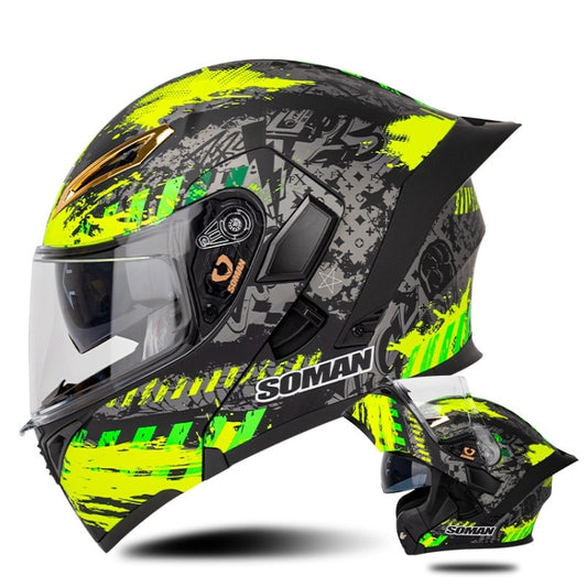 SOMAN Motorcycle Dual Lens Riding Peel-Off Full Coverage Helmet, Size: S(Black Fluorescent Yellow Spark) - Helmets by SOMAN | Online Shopping South Africa | PMC Jewellery | Buy Now Pay Later Mobicred