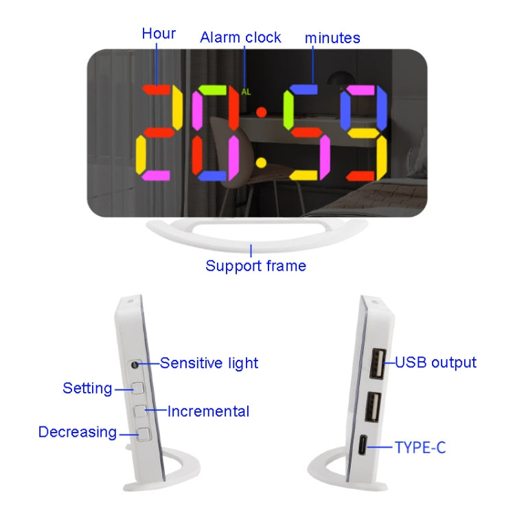 TS-8201 LED Digital Mirror Alarm Clock Big Screen Dual USB Desktop Table Clock, Color: RGB Display White Shell - free shipping - PMc TechLife - Order now!