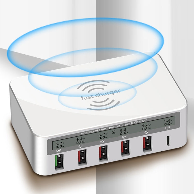 818PF 5 USB Ports + Type-C Smart Digital Display Wireless Phone Charger, Style: US Plug (White) - Multifunction Charger by PMC Jewellery | Online Shopping South Africa | PMC Jewellery | Buy Now Pay Later Mobicred