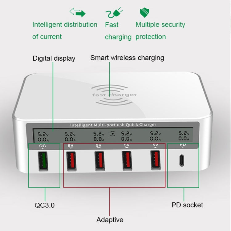 818PF 5 USB Ports + Type-C Smart Digital Display Wireless Phone Charger, Style: EU Plug (Black) - Multifunction Charger by PMC Jewellery | Online Shopping South Africa | PMC Jewellery | Buy Now Pay Later Mobicred