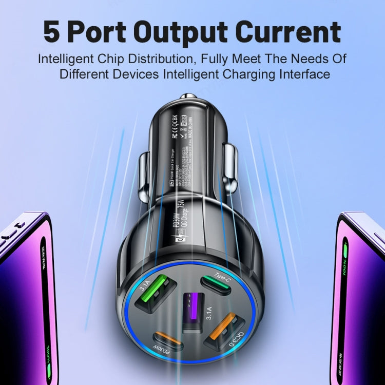 3USB+2PD 75W Dual Line Car Mobile Phone Fast Charging Charger(Black) - Car Charger by PMC TechLife | Online Shopping South Africa | PMC TechLife | Buy Now Pay Later Mobicred