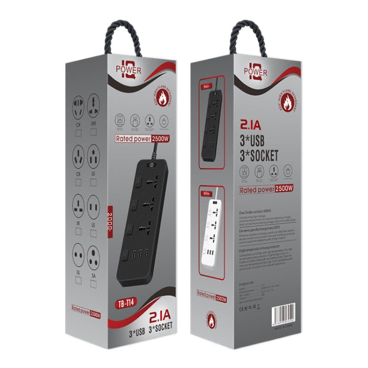T14 2m 2500W 3 Plugs + 3-USB Ports Multifunctional Socket With Switch, Specification: US Plug (White) - Extension Socket by PMC TechLife | Online Shopping South Africa | PMC TechLife | Buy Now Pay Later Mobicred