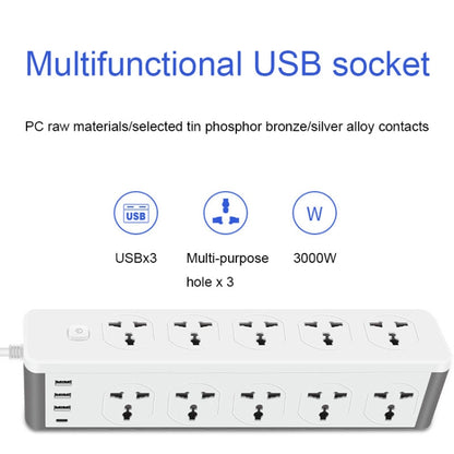 D15 2m 3000W 10 Plugs + PD + 3-USB Ports Vertical Socket With Switch, Specification: Three-pin US Plug - Extension Socket by PMC Jewellery | Online Shopping South Africa | PMC Jewellery | Buy Now Pay Later Mobicred