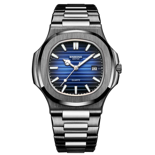 BINBOND B1885 30m Waterproof Retro Luminous Square Men Quartz Watch, Color: Black Steel-Blue-White - Metal Strap Watches by BINBOND | Online Shopping South Africa | PMC Jewellery