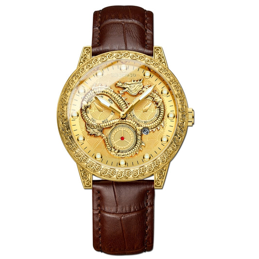 BINBOND B3030 Embossed Dragon Luminous Waterproof Quartz Watch, Color: Brown Leather-Full-gold-Gold - Leather Strap Watches by BINBOND | Online Shopping South Africa | PMC Jewellery