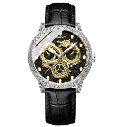 BINBOND B3030 Embossed Dragon Luminous Waterproof Quartz Watch, Color: Black Leather-White Steel-Black - Leather Strap Watches by BINBOND | Online Shopping South Africa | PMC Jewellery | Buy Now Pay Later Mobicred