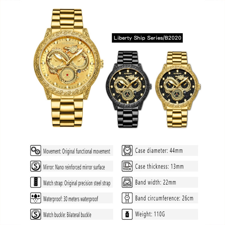 BINBOND B3030 Embossed Dragon Luminous Waterproof Quartz Watch, Color: Black Steel-Black - Metal Strap Watches by BINBOND | Online Shopping South Africa | PMC Jewellery