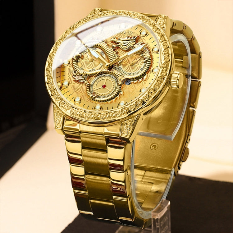 BINBOND B3030 Embossed Dragon Luminous Waterproof Quartz Watch, Color: Brown Leather-Full-gold-White - Leather Strap Watches by BINBOND | Online Shopping South Africa | PMC Jewellery