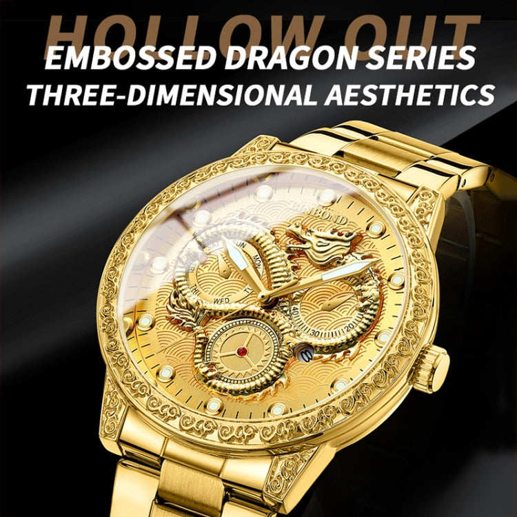 BINBOND B3030 Embossed Dragon Luminous Waterproof Quartz Watch, Color: White Steel-Black - Metal Strap Watches by BINBOND | Online Shopping South Africa | PMC Jewellery | Buy Now Pay Later Mobicred