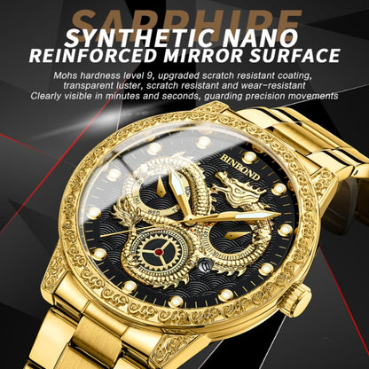 BINBOND B3030 Embossed Dragon Luminous Waterproof Quartz Watch, Color: Full-gold Gold - Metal Strap Watches by BINBOND | Online Shopping South Africa | PMC Jewellery