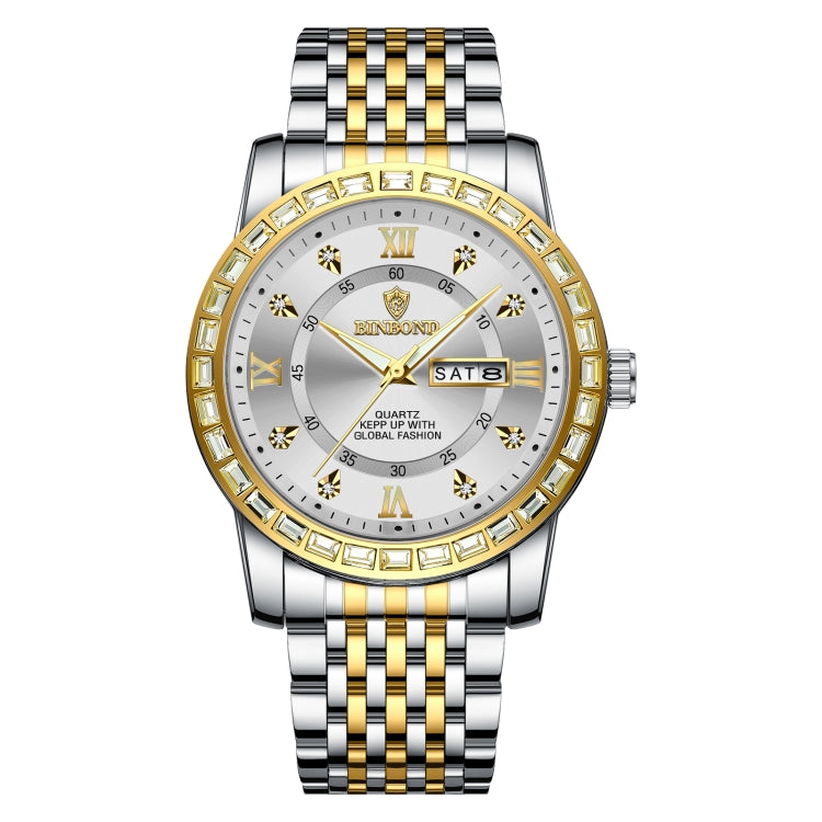 BINBOND B2202 Diamond Dual-calendar Luminous Quartz Watch, Color: Inter-gold-White - Metal Strap Watches by BINBOND | Online Shopping South Africa | PMC Jewellery | Buy Now Pay Later Mobicred