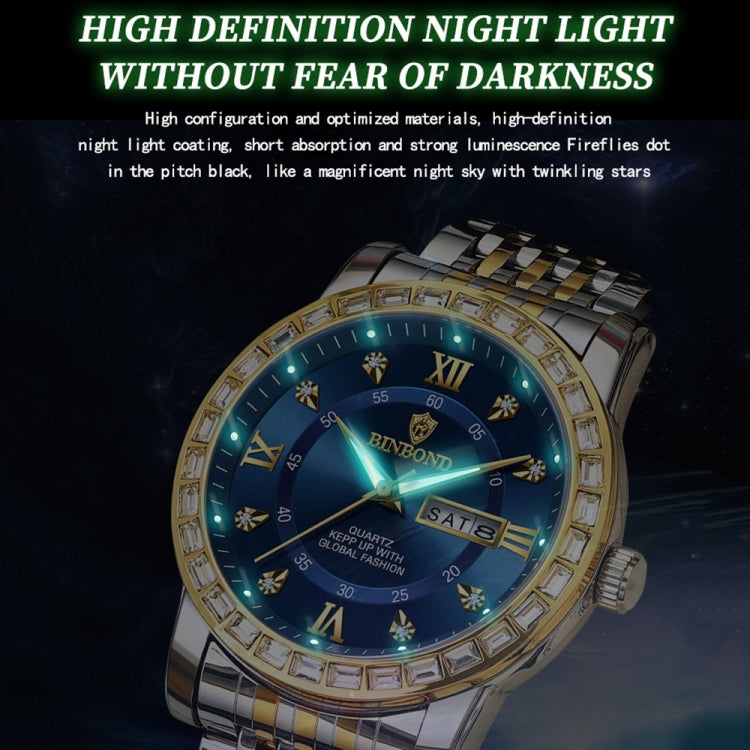 BINBOND B2202 Diamond Dual-calendar Luminous Quartz Watch, Color: Inter-gold-White - Metal Strap Watches by BINBOND | Online Shopping South Africa | PMC Jewellery | Buy Now Pay Later Mobicred