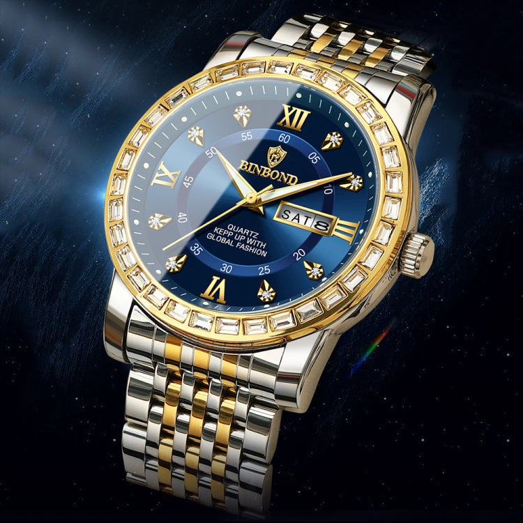 BINBOND B2202 Diamond Dual-calendar Luminous Quartz Watch, Color: Inter-gold-Blue - free shipping - PMC TechLife - Order now!