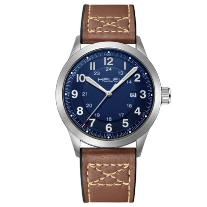 HELEI H9031B-L Men Quartz Watch Waterproof Outdoor Sports Watch(Silver Blue Coffee) - Leather Strap Watches by HELEI | Online Shopping South Africa | PMC Jewellery | Buy Now Pay Later Mobicred