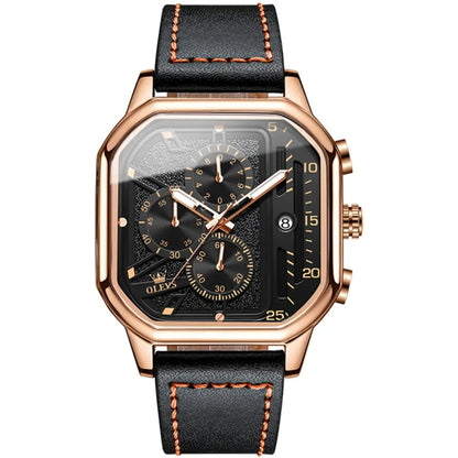 OLEVS 9950 Square Multifunctional Men Quartz Watch(Black Rose Gold) - Leather Strap Watches by OLEVS | Online Shopping South Africa | PMC Jewellery | Buy Now Pay Later Mobicred