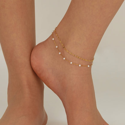 OPK GZ205 Personalized Stainless Steel Temperament Double Layer Stacked Pearl Anklets(Gold) - Anklets by OPK | Online Shopping South Africa | PMC Jewellery | Buy Now Pay Later Mobicred